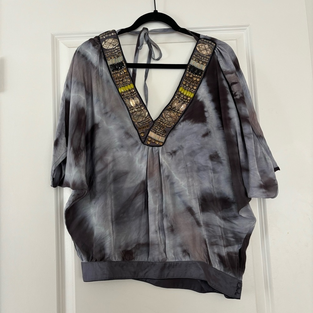 Blue Tie Dye V-neck Studded Blouse
